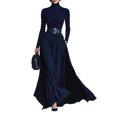 Women's Solid Color Long-sleeved Waist Dress