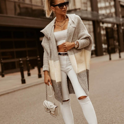 Color Matching Hooded Knit Cardigan Coat Women's Long Sleeve