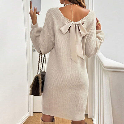 Loose Knitted V-neck Bow Long Sleeve All-matching Pullover Woolen Skirt