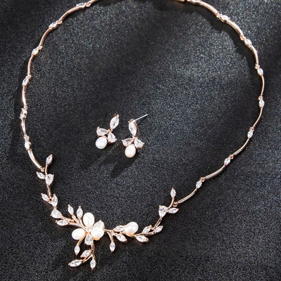 Sweet Pearl Zircon Ear Stud Necklace Jewelry Suit