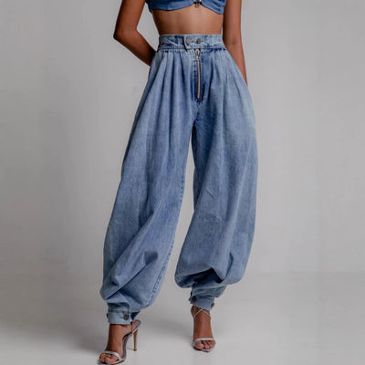 High Waist Zipper Ankle-tied Jeans Loose