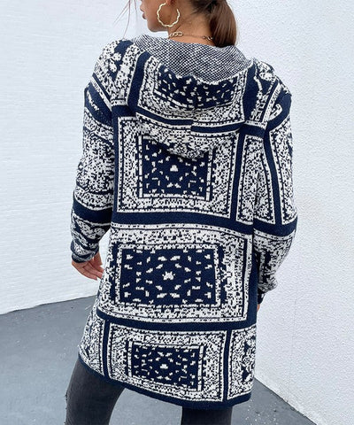 navy blue floral pattern hooded cardigan