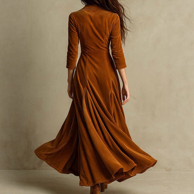Women's Solid Color V-Neck Long Dress With Button Front And Flowy Skirt, Elegant Maxi Dress For Spring Fall
