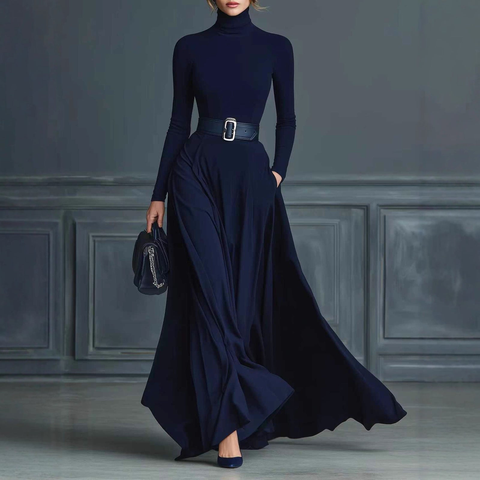 Women's Solid Color Long-sleeved Waist Dress
