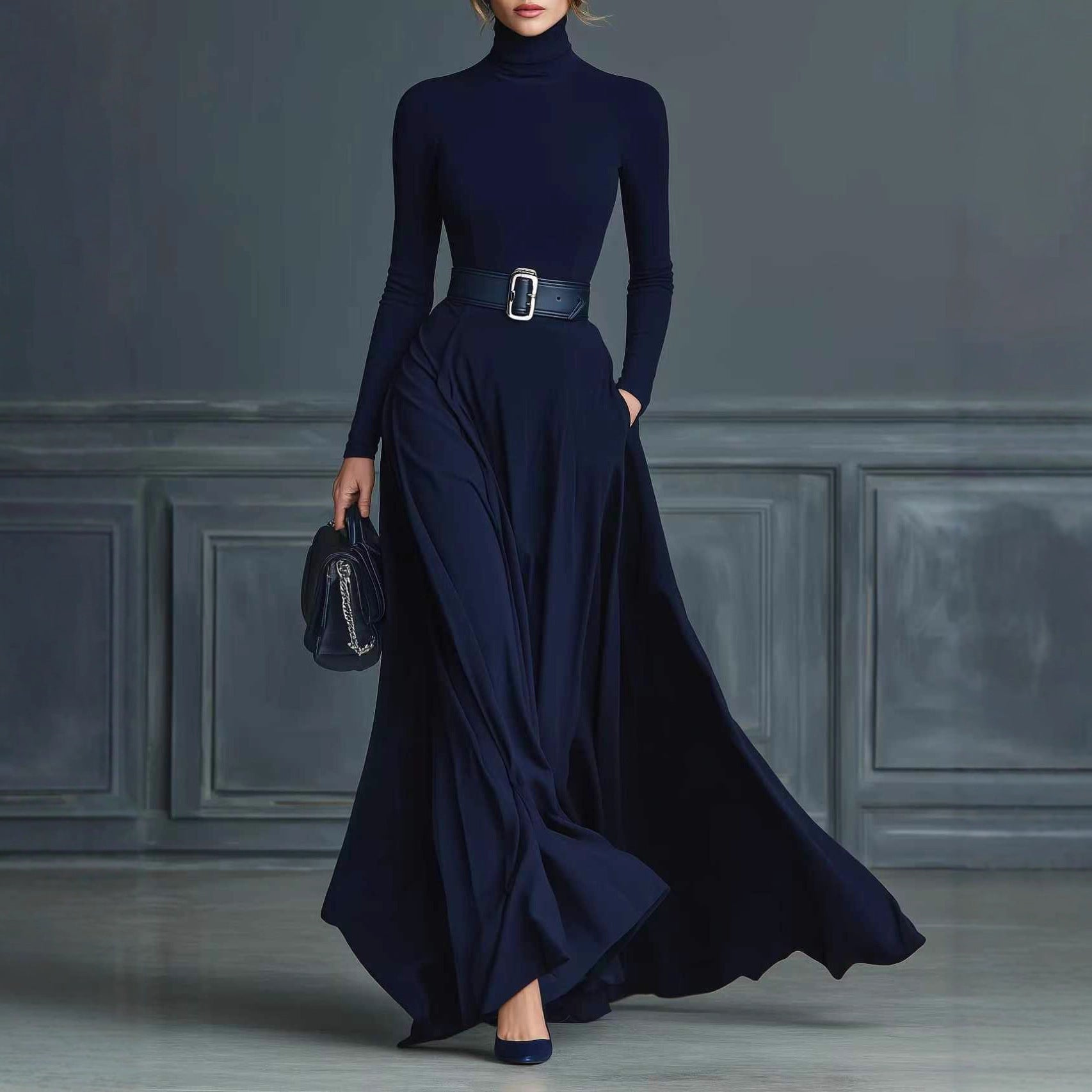 Women's Solid Color Long-sleeved Waist Dress