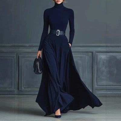 Women's Solid Color Long-sleeved Waist Dress