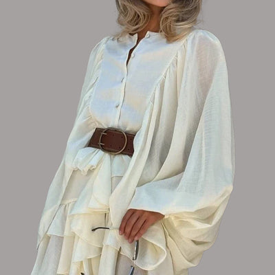 Solid Color French Style Long Sleeve Ruffle Dress