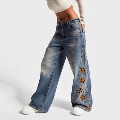 Women's Casual And Relaxed Embroidered High Waist Loose Jeans