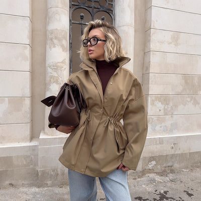 Stand-collar Mid-length Windbreaker Drawstring Waist Jacket