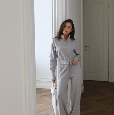 Lapel Double-headed Zipper Knitted Trousers Suit Fashion Slim Casual