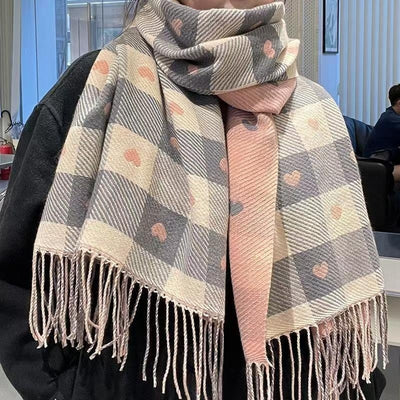 Artificial Cashmere Scarf Female With Hearts Thick Checks Fringe Bib