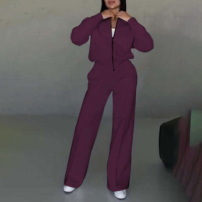 Women's 2 Piece Sweatsuit Set, Fall Zip Up Long Sleeve Sweatshirt Jacket And Wide Leg Sweatpants