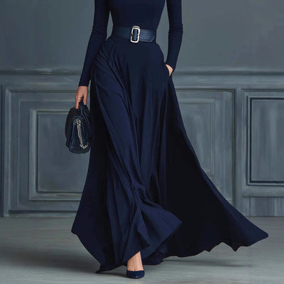 Women's Solid Color Long-sleeved Waist Dress