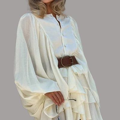 Solid Color French Style Long Sleeve Ruffle Dress