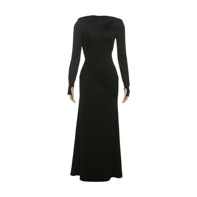 Polyester Women's Slim Fit Backless Long Sleeve Solid Color Dress