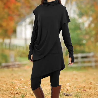 Black High Collar Irregular Fake Two-piece Long-sleeved Dress