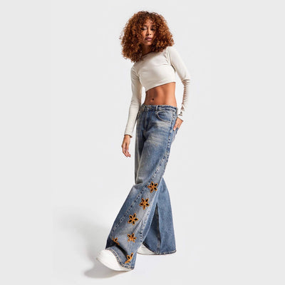 Women's Casual And Relaxed Embroidered High Waist Loose Jeans