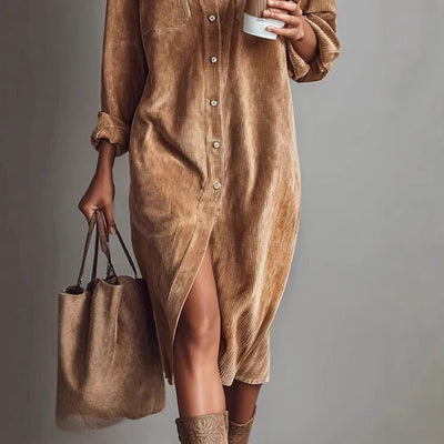 Corduroy Long Sleeve Lapel Shirt Loose Long Dress