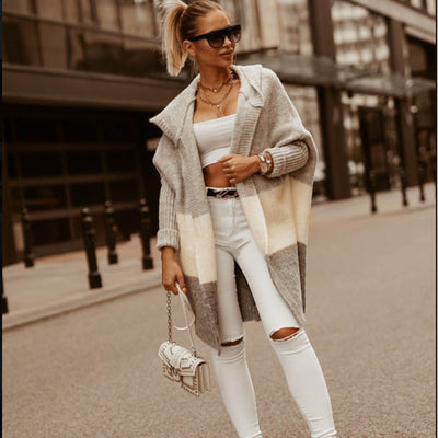Color Matching Hooded Knit Cardigan Coat Women's Long Sleeve