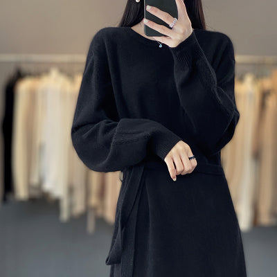 Pure Color Tied Round Neck Woolen Skirt Women