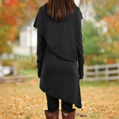 Black High Collar Irregular Fake Two-piece Long-sleeved Dress