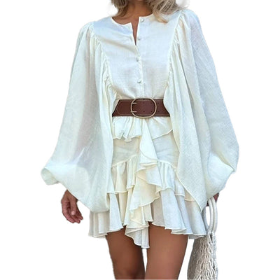 Solid Color French Style Long Sleeve Ruffle Dress