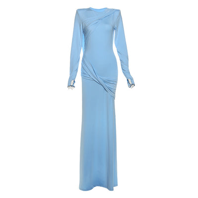 Polyester Women's Slim Fit Backless Long Sleeve Solid Color Dress