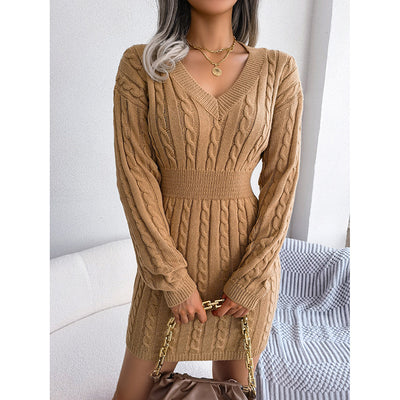 Women's 2025 Fall Winter V-Neck Bodycon Mini Sweater Dress Long Sleeve Pullover Knit Dress Casual & Sexy Tight Fit