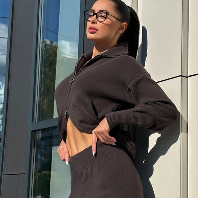 Lapel Double-headed Zipper Knitted Trousers Suit Fashion Slim Casual