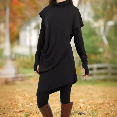 Black High Collar Irregular Fake Two-piece Long-sleeved Dress