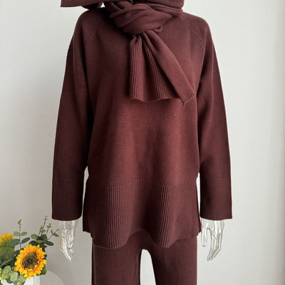 Women's Knitted Sweater And Wide Leg Pants Suit With Same Color Scarf