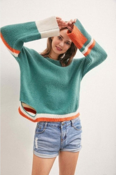Color Block Sweater With Cut Out