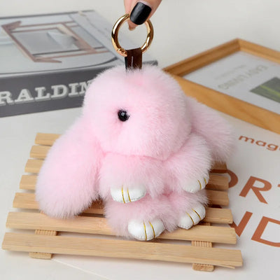Cute Pluff Bunny Keychain Women Fur Pom Pom Angel Rabbit Key Ring Hare