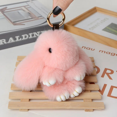 Cute Pluff Bunny Keychain Women Fur Pom Pom Angel Rabbit Key Ring Hare