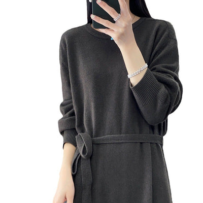 Pure Color Tied Round Neck Woolen Skirt Women