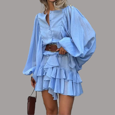 Solid Color French Style Long Sleeve Ruffle Dress