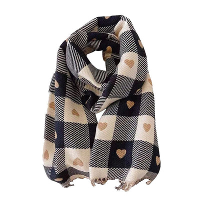 Artificial Cashmere Scarf Female With Hearts Thick Checks Fringe Bib