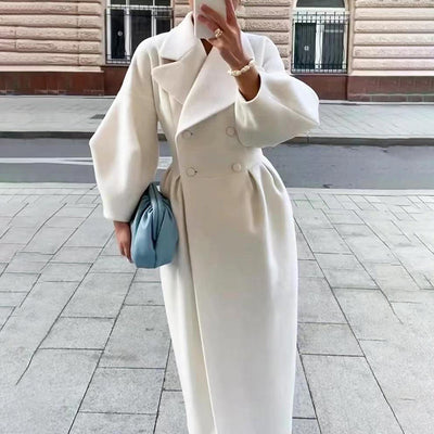 Women's Classic Winter Long Coat, Double-Breasted Belted Trench With Wide Lapel, Solid Color Oversized Overcoat For Casual Style