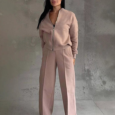 Women's 2 Piece Sweatsuit Set, Fall Zip Up Long Sleeve Sweatshirt Jacket And Wide Leg Sweatpants