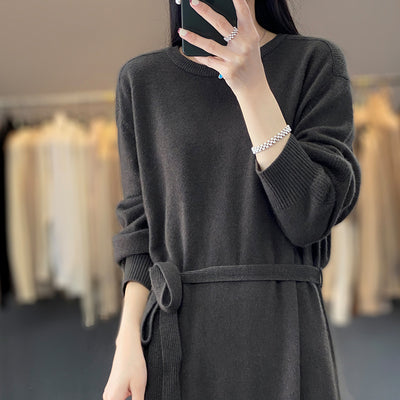 Pure Color Tied Round Neck Woolen Skirt Women