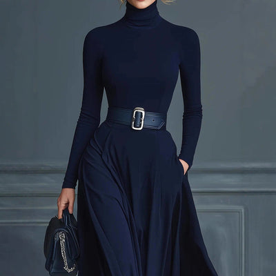 Women's Solid Color Long-sleeved Waist Dress
