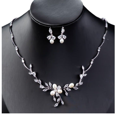 Sweet Pearl Zircon Ear Stud Necklace Jewelry Suit