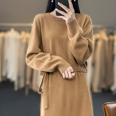 Pure Color Tied Round Neck Woolen Skirt Women