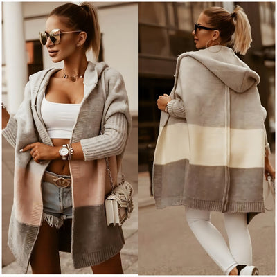 Color Matching Hooded Knit Cardigan Coat Women's Long Sleeve