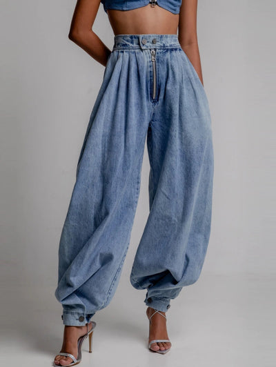 High Waist Zipper Ankle-tied Jeans Loose