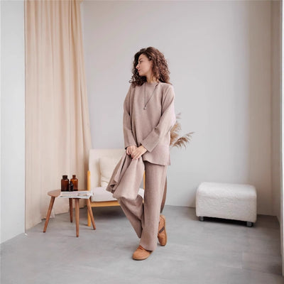 Women's Knitted Sweater And Wide Leg Pants Suit With Same Color Scarf