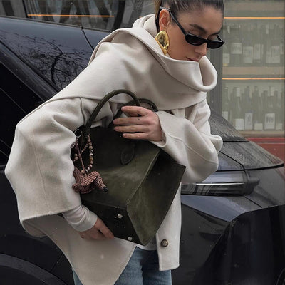 Solid Color Scarf Collar Single-breasted Woolen Coat For Women