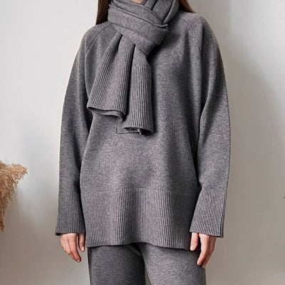 Women's Knitted Sweater And Wide Leg Pants Suit With Same Color Scarf