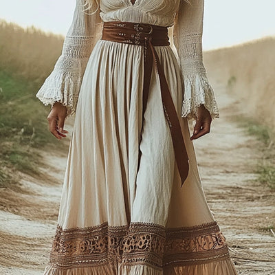 Boho Chic Maxi Dress, Women's Vintage-Inspired Lace Trim With Deep V-Neck Elegant Dress, No Belt Included