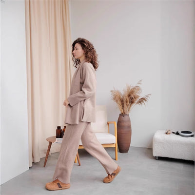 Women's Knitted Sweater And Wide Leg Pants Suit With Same Color Scarf